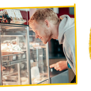 Foto zeigt einen Studenten, der in die Cafeteria-Vitrine schaut; daneben ist ein großer Senf-Klecks als Grafik zu sehen.