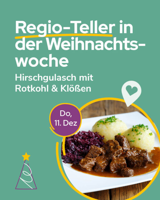 ✨ Am 11. Dezember bedanken wir uns mit einem weihnachtlichen RegioTeller für eure Treue in diesem Jahr: Es gibt deftigen Hirschgulasch mit Rotkohl & Klößen ✨Von diesen regionalen Höfen kommen die Zutaten:🥩 Hirsch – Gönnataler Wild & Geflügel, Altengönna @goennataler_wild_gefluegel🥔 Klöße – Friweika, Weidensdorf @friweika_eg🌱 Rotkohl – Bio Bauernhof Bohne, Stollsdorf @biobauernhofbohne🍎 Äpfel – Veos, Dohna 🧅 Zwiebeln – Biohof Paulsen, Wermsdorf👉 Hier bekommst du den Regio-Teller:▪️Mensa am Park▪️Mensa am Elsterbecken▪️Mensa Peterssteinweg▪️Mensa Academica▪️Mensa am Medizincampus💚 Warum Regio-Teller?✅ Saisonal & frisch – geerntet, wenn’s am besten schmeckt!✅ Kurze Transportwege – besser für die Umwelt & Nährstoffe bleiben erhalten!✅ Weniger Verpackungsmüll – direkt vom Hof, ohne Plastik!Zum Speiseplan: 🔎stwl.de/speiseplan@koehrafrischeFoto: AdobeStock/Juefrateam#RegionalGenießen #LeipzigEats #NachhaltigEssen #SupportLocal #MensaLeipzig #StudierenInLeipzig #RegioTeller #LeipzigFood #Regioteller #studentenwerkleipzig