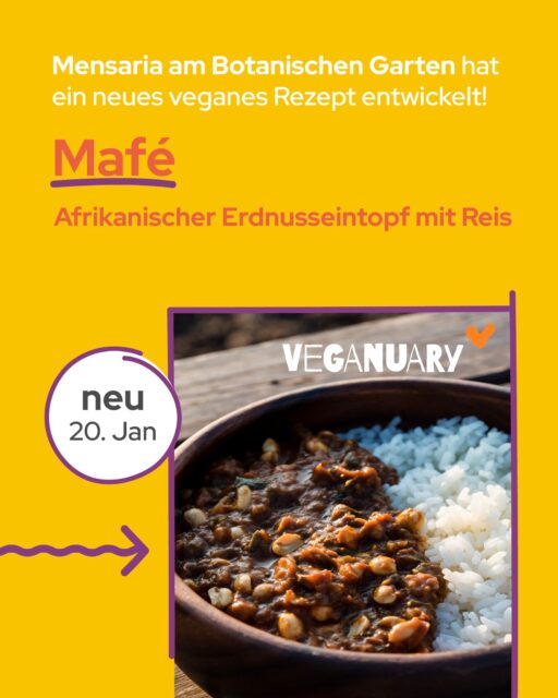 Aus der Veganuary-Aktion gibt es ganz neu:Mafé, ein afrikanischer Erdnusseintopf mit Reis📍 Mensaria am Botanischen Garten📆 Dienstag, 20. Januar 2026Die neue Rezeptur ist Teil der Veganuary-Aktion. 🌱〰Probier´s vegan. Diesen Januar. 🌱@‌veganuarydeutschland#Veganuary #Mafe #StudentenwerkLeipzig #MensaLiebe Bild: KI generiert
