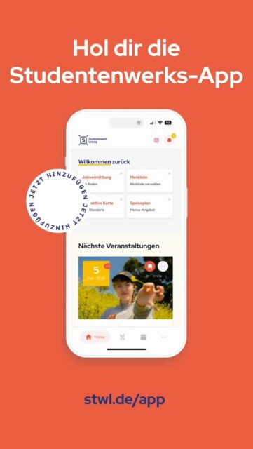 Hol dir die Studentenwerks-App 📲 — alles Wichtige fürs Studium in einer App.✨ Das bekommst du:🍽️ Speiseplan deiner Lieblingsmensa direkt als Shortcut🔔 Push-Infos, wenn dein Lieblingsessen auf dem Plan steht💬 Freund:innen schnell zum Mensa-Date einladen🗓️ Events & Workshops direkt in deinen Kalender übernehmen📌 Wichtige Infos in deiner Merkliste speichern📞 Kontakte wie BAföG-Beratung sofort griffbereit📲 Jetzt downloaden über: 🔎 stwl.de/app#besserstudieren #studyapp #studentenwerkleipzig #studiereninleipzig