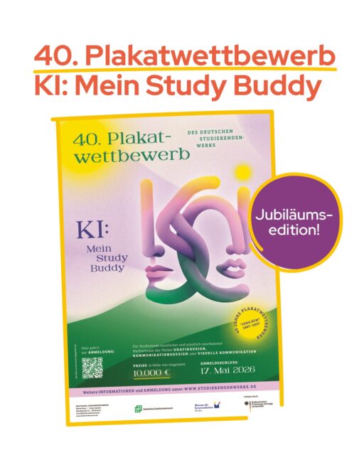 Der Plakatwettbewerb des Deutschen Studierendenwerks geht in die nächste Runde und feiert sein 40-jähriges Jubiläum! 🎉Unter dem Motto „KI: Mein Study Buddy” sind eure Ideen gefragt: Wie verändert Künstliche Intelligenz euren Studienalltag? Seht ihr KI eher als Unterstützung, Herausforderung oder beides?Teilnehmen können Studierende der Fachrichtungen Grafikdesign, Kommunikationsdesign, Visuelle Kommunikation und verwandter Studiengänge aus Deutschland im Sommersemester 2026.💸 Insgesamt 10.000 € Preisgeld📅 Anmeldung bis 17.05.2026📩 Abgabe bis 26.07.2026🏆 Preisverleihung am 19.04.2027Traut euch und macht mit!@hgbleipzig #StudentenwerkLeipzig #DSW #Design