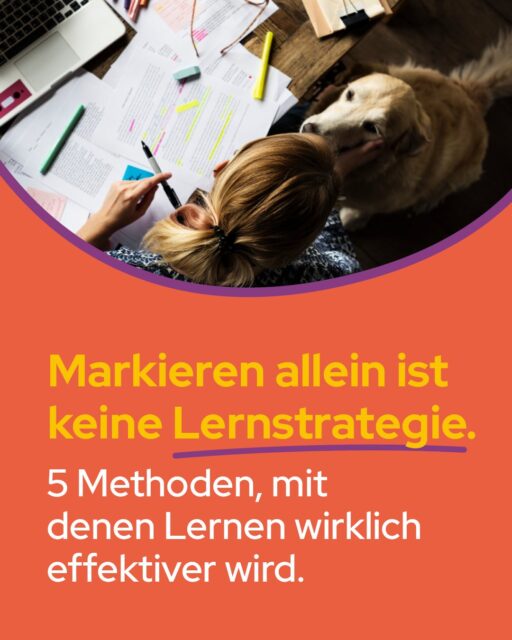 bad news: Markieren allein ist keine Lernstrategie. good news: Hier sind 5 Methoden, mit denen Lernen wirklich effektiver wird.1. Pomodoro-Methode 🍅Lerne 25 Minuten konzentriert an einer klaren Aufgabe und mach danach 5 Minuten Pause. Das hilft besonders, wenn du schwer ins Lernen kommst oder schnell abschweifst.2. Pareto-PrinzipNach dem 80/20-Prinzip bringen oft 20 % der Inhalte 80 % des Ergebnisses. Fokussiere dich deshalb zuerst auf die Themen, die besonders prüfungsrelevant sind.3. SQ3R-Methode 🙌SQ3R steht für Survey, Question, Read, Recite, Review: Überblick verschaffen, Fragen stellen, gezielt lesen, in eigenen Worten wiedergeben und wiederholen. Besonders hilfreich für lange Texte und Skripte.4. Loci-Methode Verknüpfe Lerninhalte mit Orten auf einer vertrauten Route und gehe sie gedanklich ab. Das eignet sich vor allem für Begriffe, Reihenfolgen oder Fakten, die du dir merken musst.5. Active RecallTeste dich aktiv mit Fragen zum Lernstoff, z. B. als Brain Dump, bei dem du alles aufschreibst, woran du dich erinnerst. So merkst du schnell, was wirklich sitzt und was du nochmal wiederholen solltest.Welche Methode probierst du in der nächsten Lernsession aus?Foto: Adobe.stock.com/Daniel; Adobe.stock.com/mahirkart; Adobe.stock.com/WESTOCK; Adobe.stock.com/Rawpixel.com; Adobe.stock.com/andreaobzerova; Adobe.stock.com/Damir Khabirov