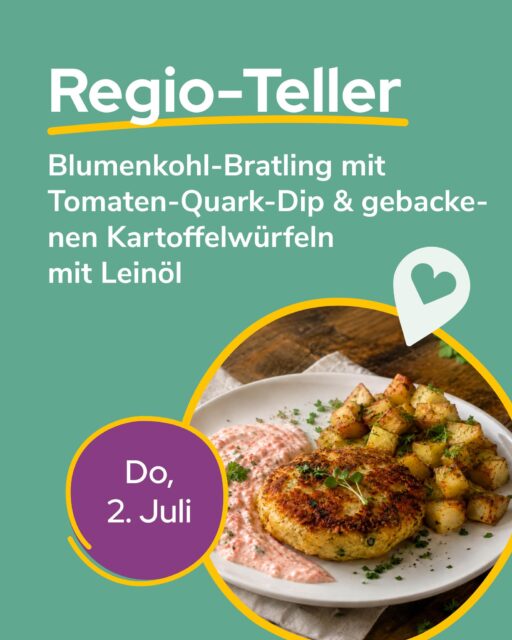 Saisonal, regional und richtig lecker: Am 2. Juli gibt’s wieder unseren Regio-Teller! 🌱✨Auf dem Teller: hausgemachter Blumenkohl-Bratling mit Tomaten-Quark-Dip und gebackenen Kartoffelwürfeln mit Leinöl.Das Beste daran? Die Zutaten kommen direkt aus der Region:🥦 Blumenkohl: Gartenbau Steffen Schladitz, Pegau🌱 Lauchzwiebel: Bio Bauernhof Bohne, Königsfeld @‌biobauernhofbohne🥣 Haferflocken: Gemüsebau Maria Bienert, Taucha🥛 Quark & Landmilch: Landgut Nemt, Wurzen @‌landgut_nemt🥔 Kartoffeln: Börde Vita, Wanzleben💛 Leinöl: Kunella Feinkost, Lausitz🍅 Tomaten: Wittenberg Gemüse GmbH, Wittenberg @‌wittenberggemuesegmbh💚 Warum Regio-Teller?✅ Saisonal & frisch – geerntet, wenn’s am besten schmeckt!✅ Kurze Transportwege – besser für die Umwelt & Nährstoffe bleiben erhalten!✅ Weniger Verpackungsmüll – direkt vom Hof, ohne Plastik!Hier gibt es den Regio-Teller:💚 Mensa am Park💚 Mensa am Elsterbecken💚 Mensa Peterssteinweg💚 Mensa Academica💚 Mensa am MedizincampusZum Speiseplan: 🔎stwl.de/speiseplan@‌koehrafrischeBild: KI generiert#Regioteller #Leipzig #Nachhaltigkeit #Gemeinschaft #studentenwerkleipzig #studiereninleipzig
